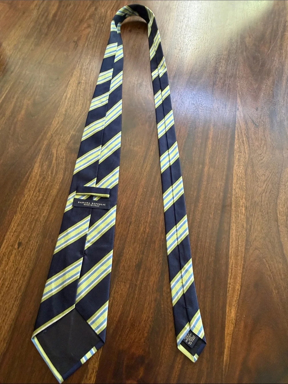 Banana Republic Navy Tie with Green and Blue Stripes 100% Silk Made In Italy